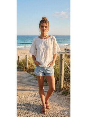 LOFT Cream Eyelet Sleeve Cotton Top Small